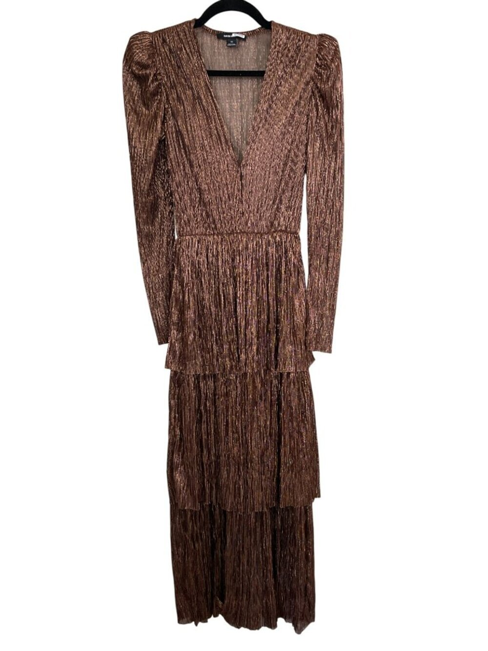 Sabina Musayev Carry Pleated Puff Sleeve Bronze Metallic Midi Tiered Dress - Picture 4 of 8